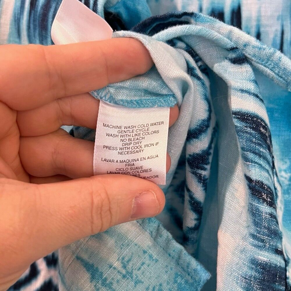 Jones New York 100% Linen Button Up Shirt M Blue Ikat 3/4 Sleeve Coastal Boho - Picture 5 of 7